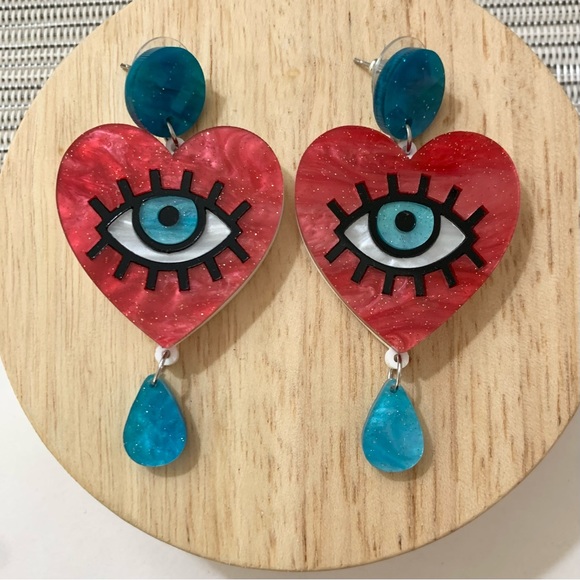 🔥 S O L D Evil Eye Love Heart Statement Earrings - Deep Red - Acrylic - Picture 6 of 9